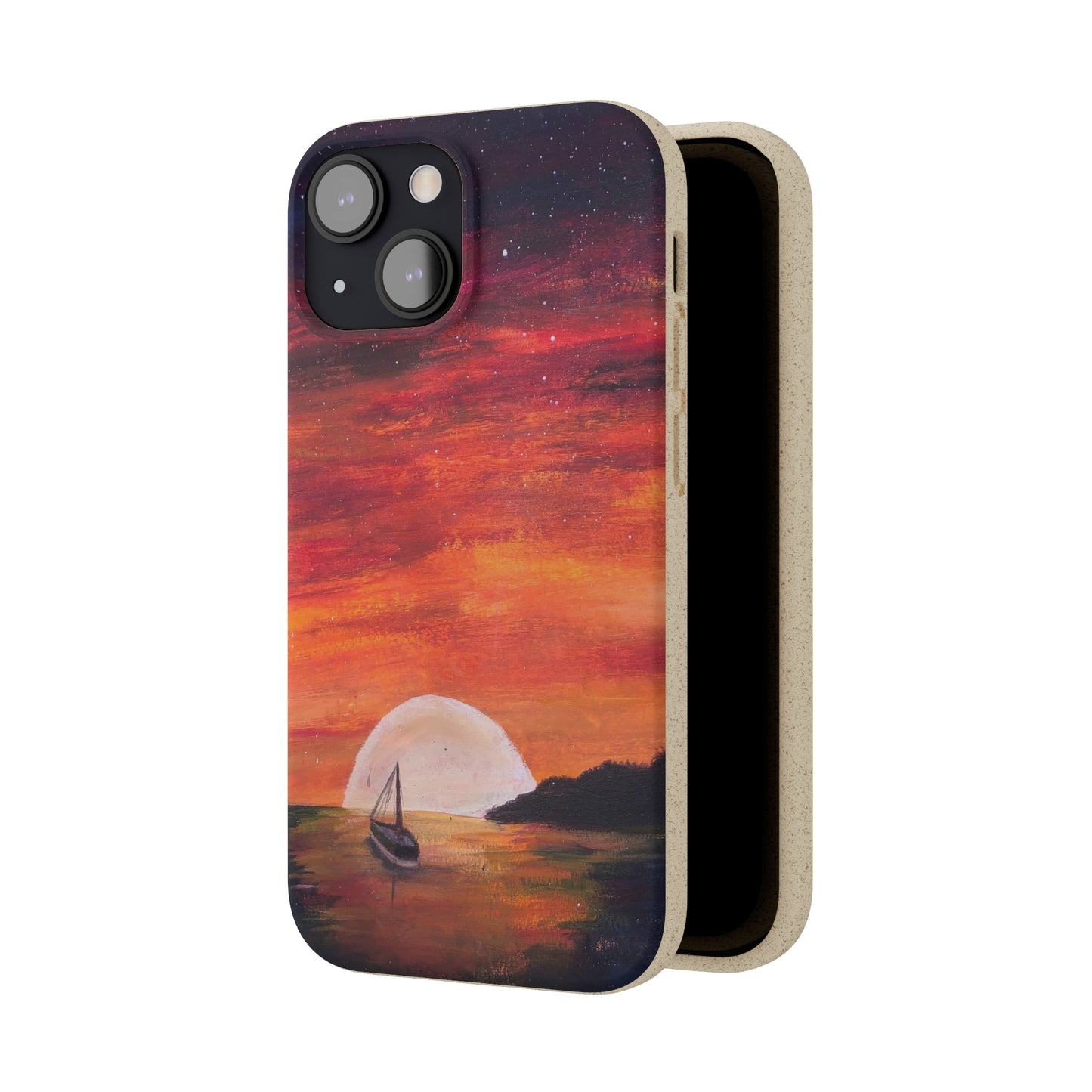Biodegradable Phone Case Printed with "Setting Sun, Rising Moon" - art under moonlight
