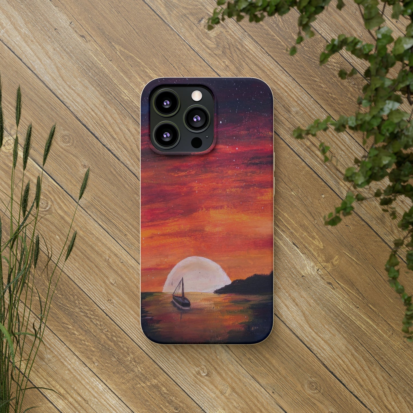 Biodegradable Phone Case Printed with "Setting Sun, Rising Moon" - art under moonlight