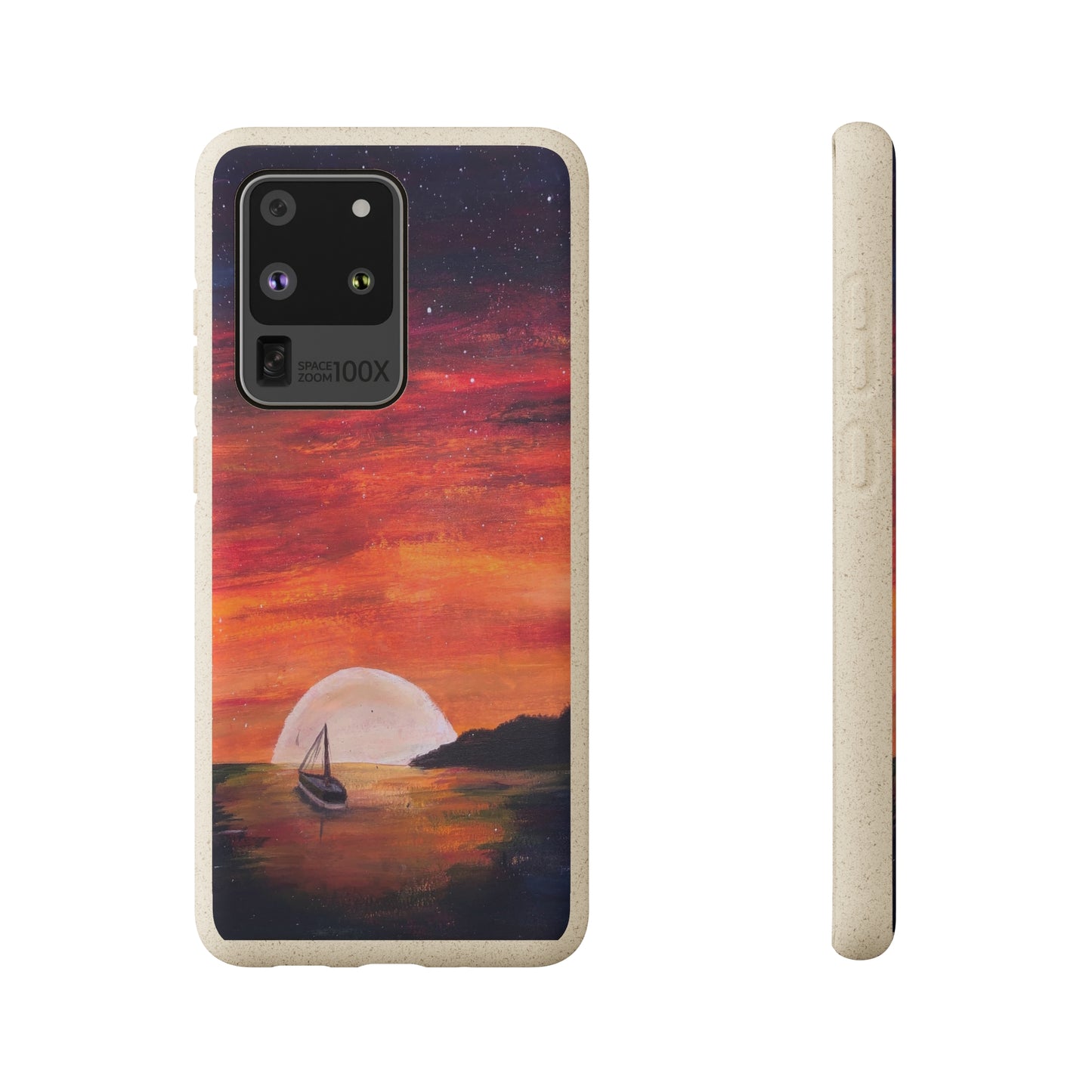 Biodegradable Phone Case Printed with "Setting Sun, Rising Moon" - art under moonlight