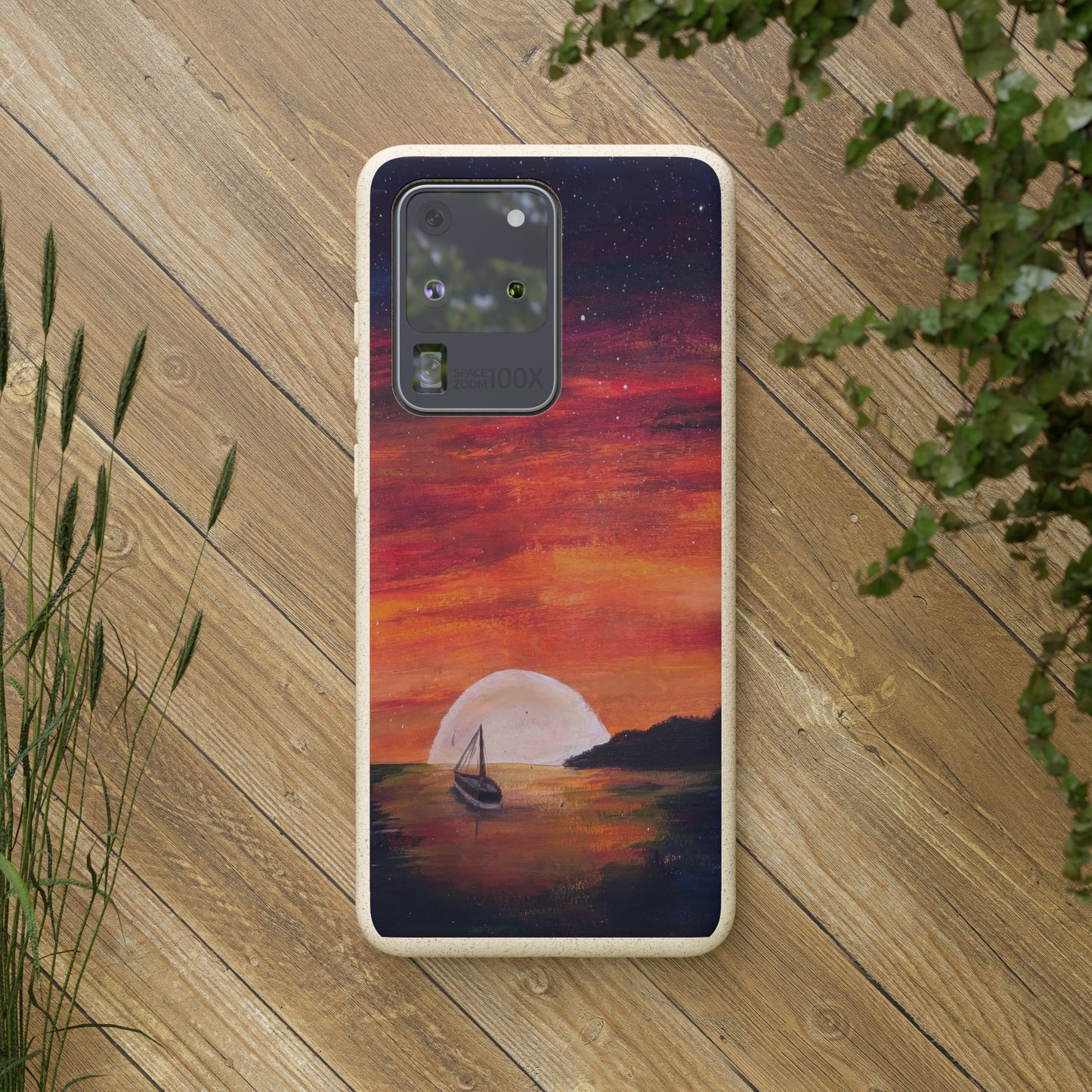 Biodegradable Phone Case Printed with "Setting Sun, Rising Moon" - art under moonlight