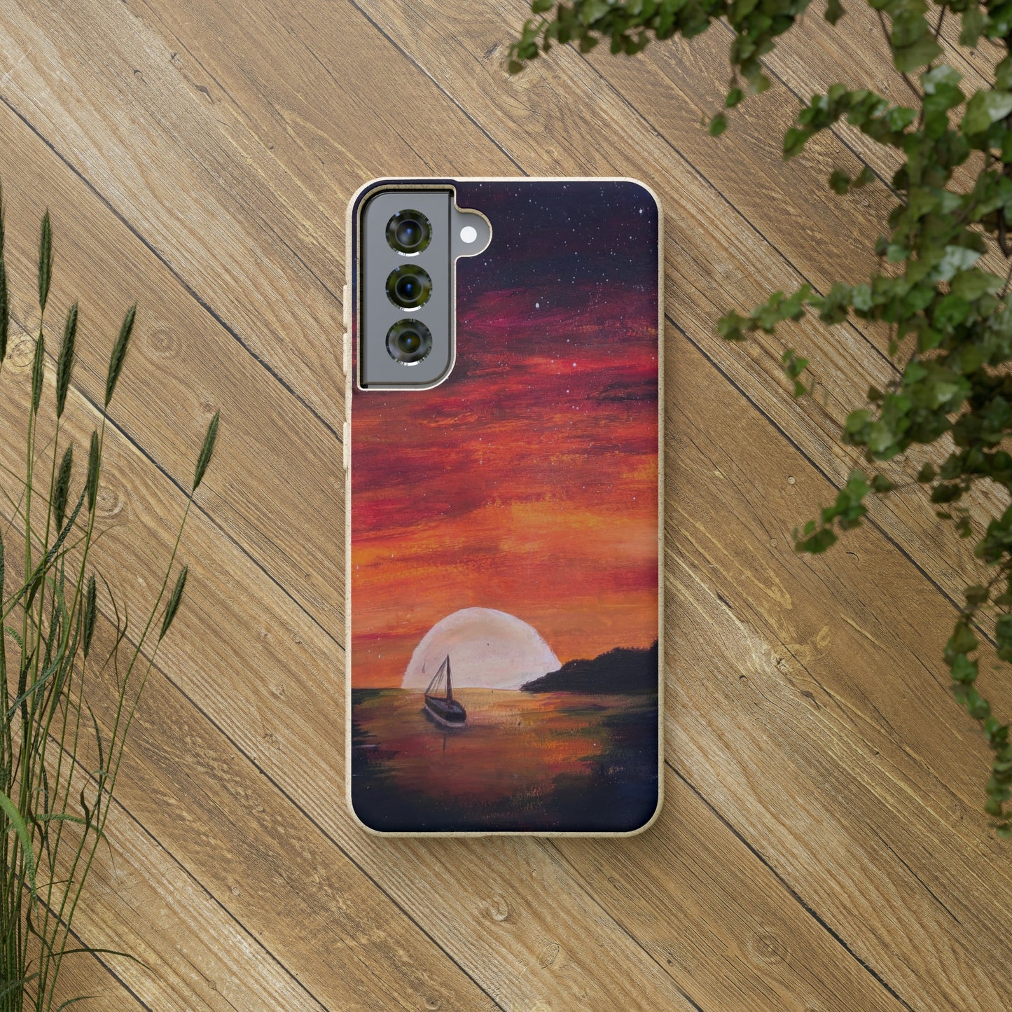 Biodegradable Phone Case Printed with "Setting Sun, Rising Moon" - art under moonlight