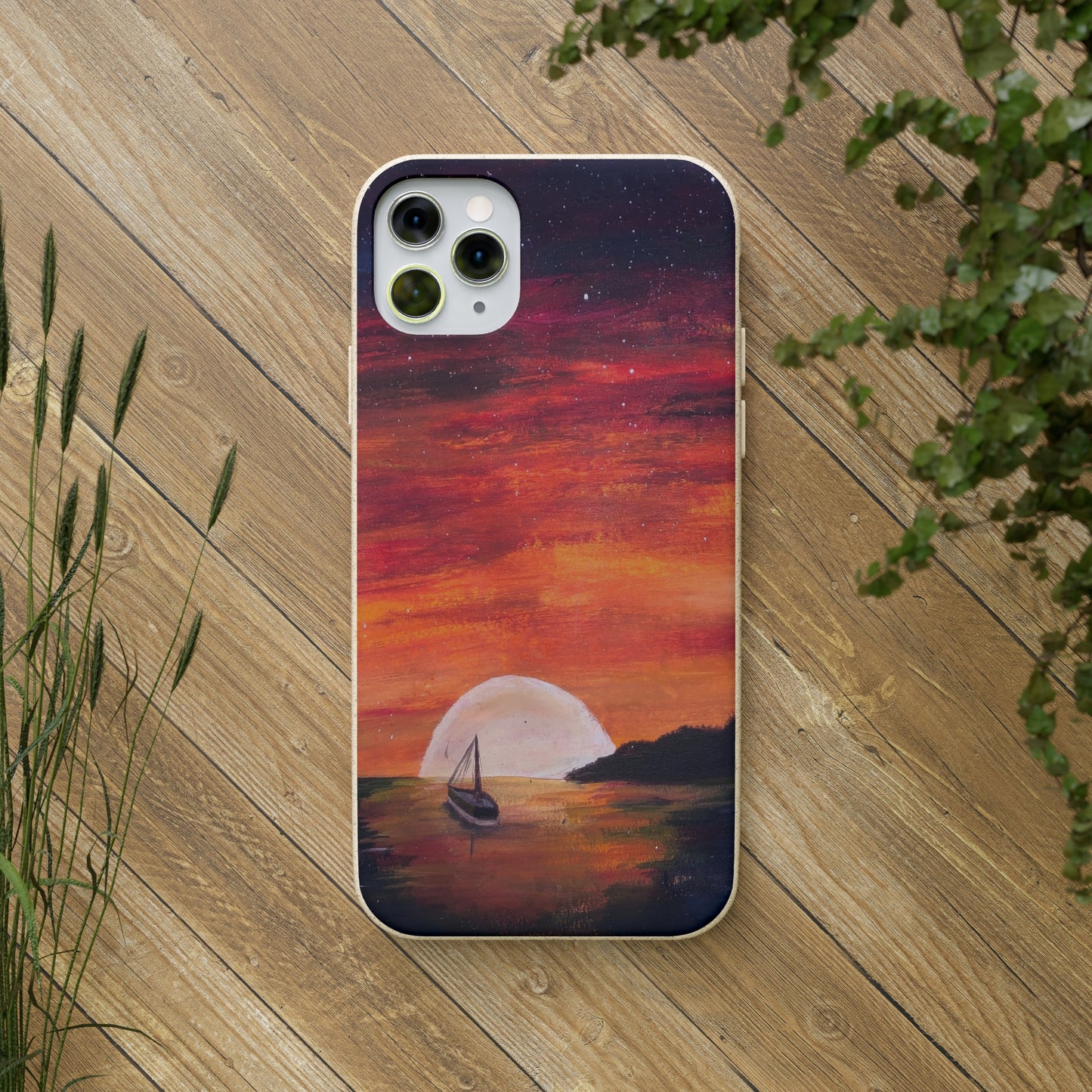 Biodegradable Phone Case Printed with "Setting Sun, Rising Moon" - art under moonlight