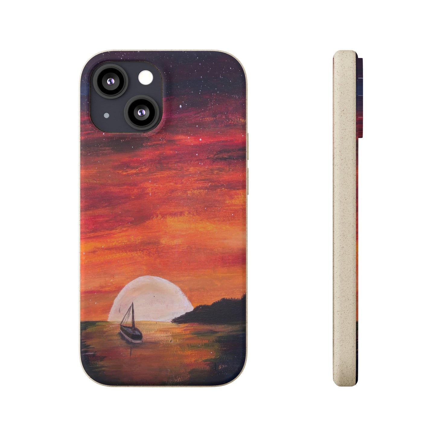 Biodegradable Phone Case Printed with "Setting Sun, Rising Moon" - art under moonlight