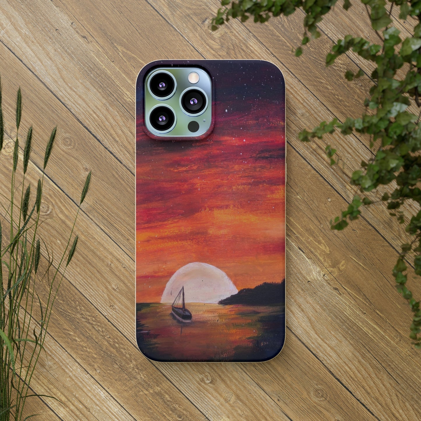 Biodegradable Phone Case Printed with "Setting Sun, Rising Moon" - art under moonlight