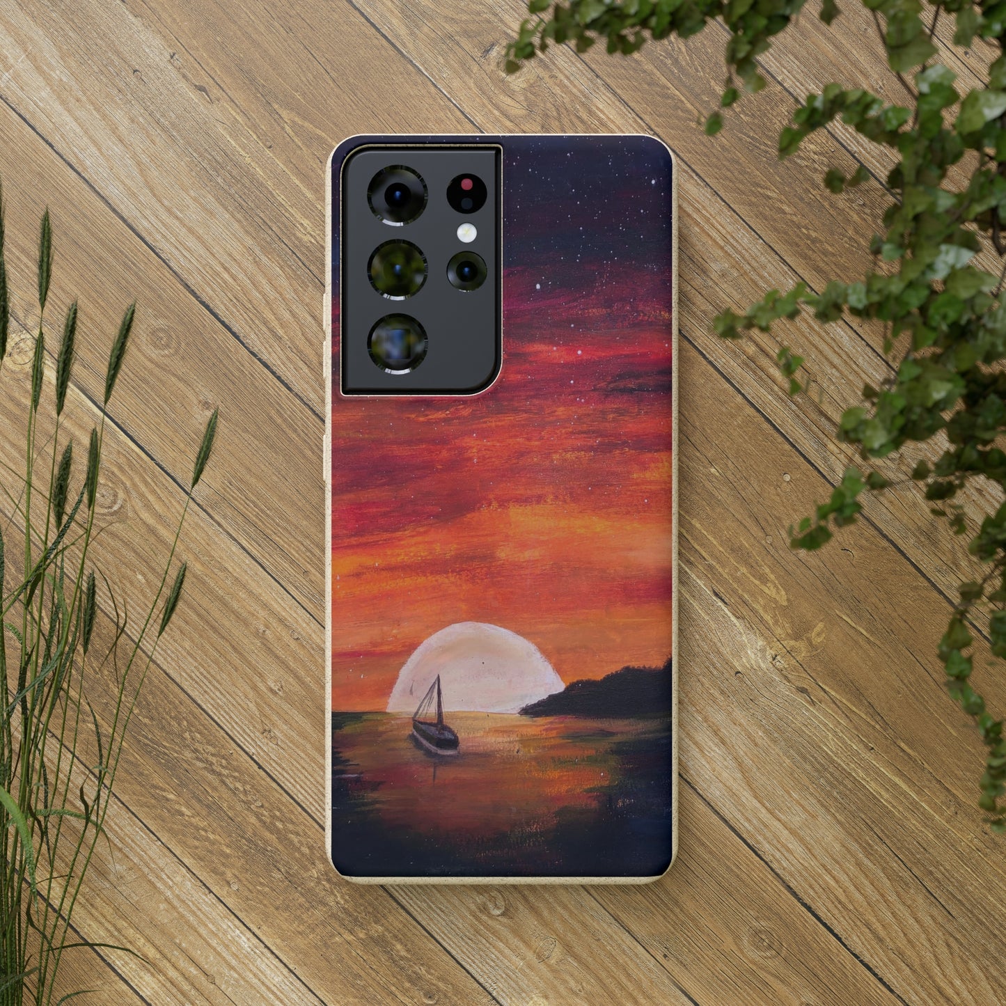 Biodegradable Phone Case Printed with "Setting Sun, Rising Moon" - art under moonlight