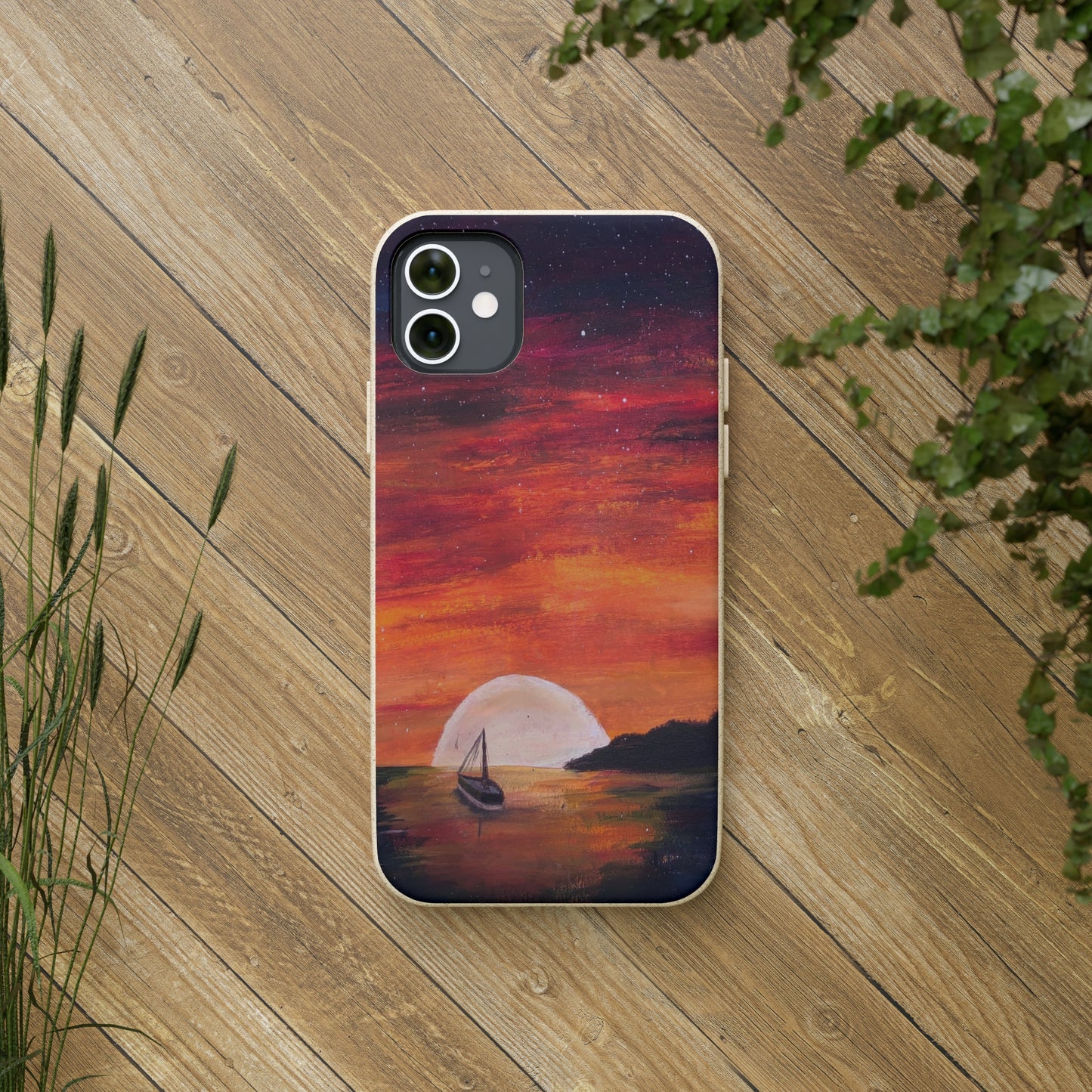 Biodegradable Phone Case Printed with "Setting Sun, Rising Moon" - art under moonlight