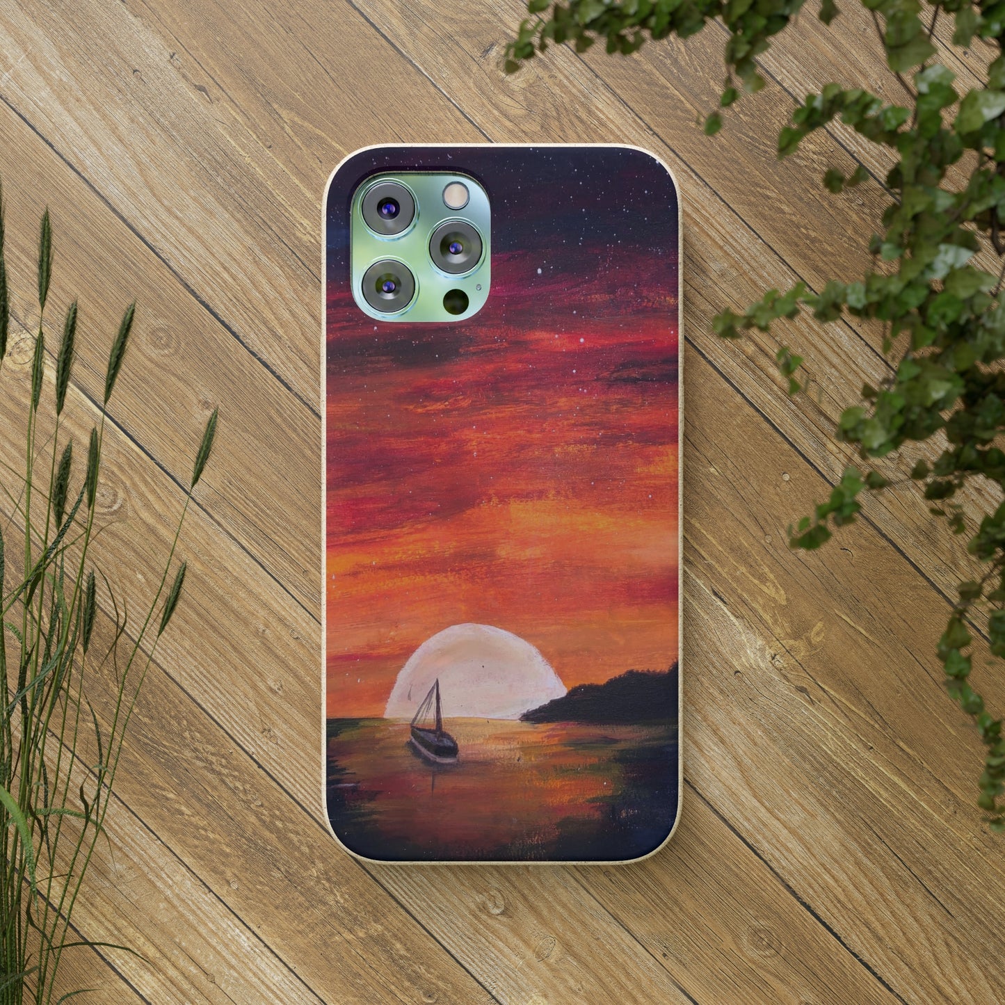 Biodegradable Phone Case Printed with "Setting Sun, Rising Moon" - art under moonlight