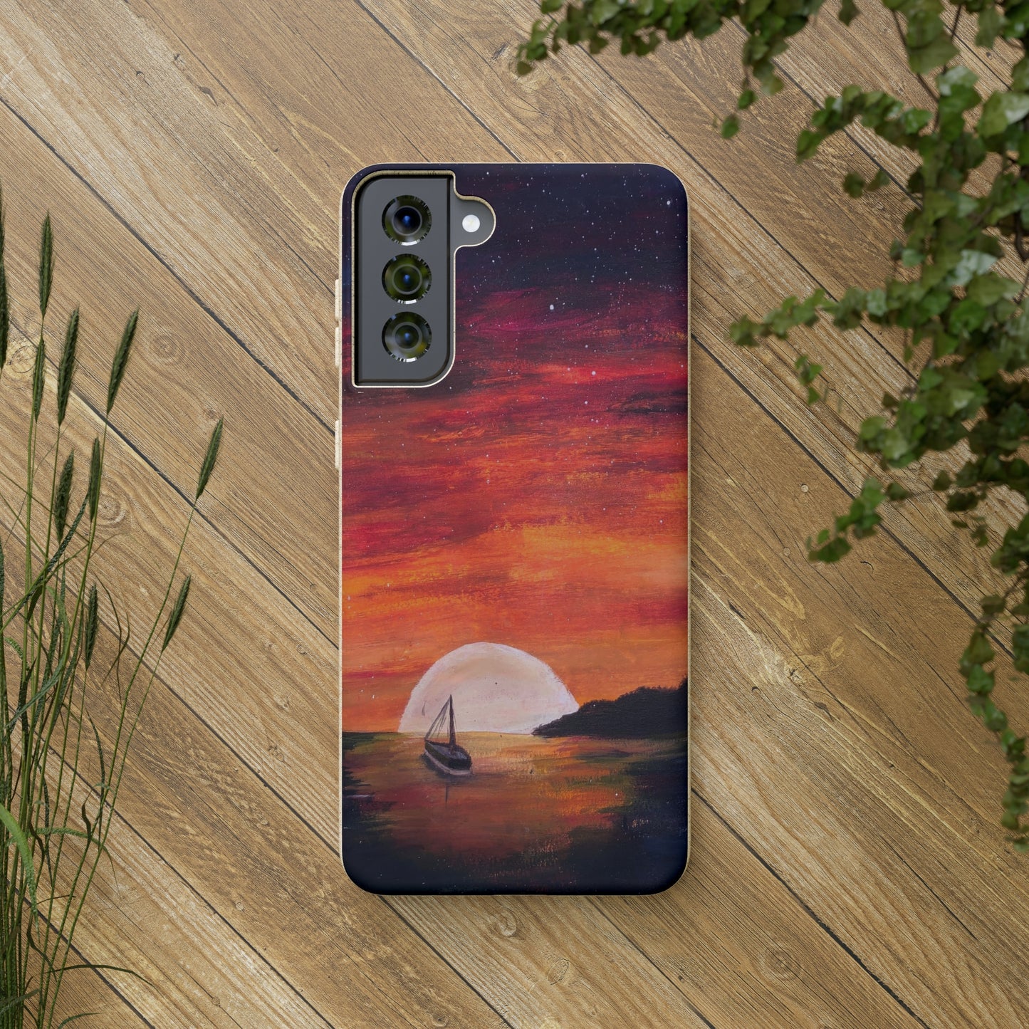Biodegradable Phone Case Printed with "Setting Sun, Rising Moon" - art under moonlight