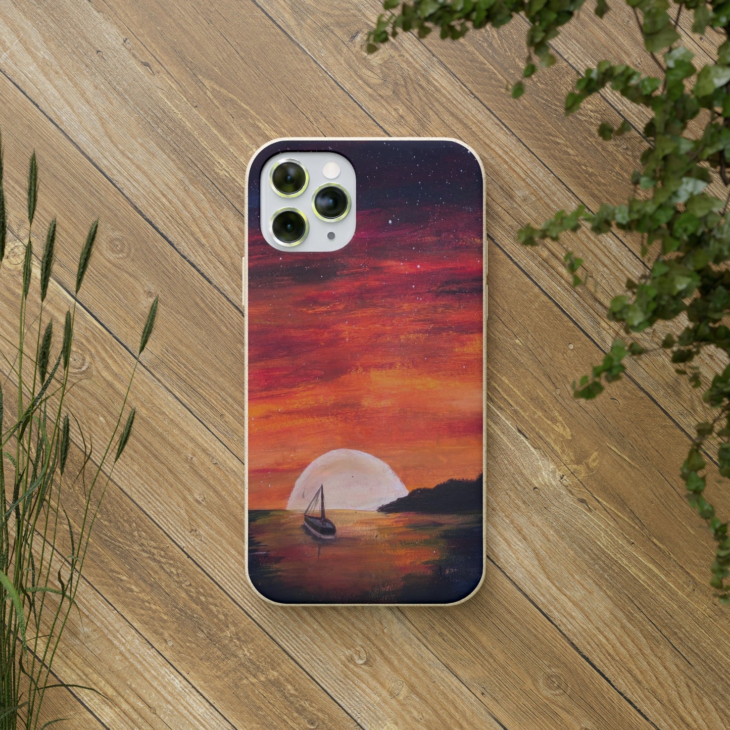 Biodegradable Phone Case Printed with "Setting Sun, Rising Moon" - art under moonlight