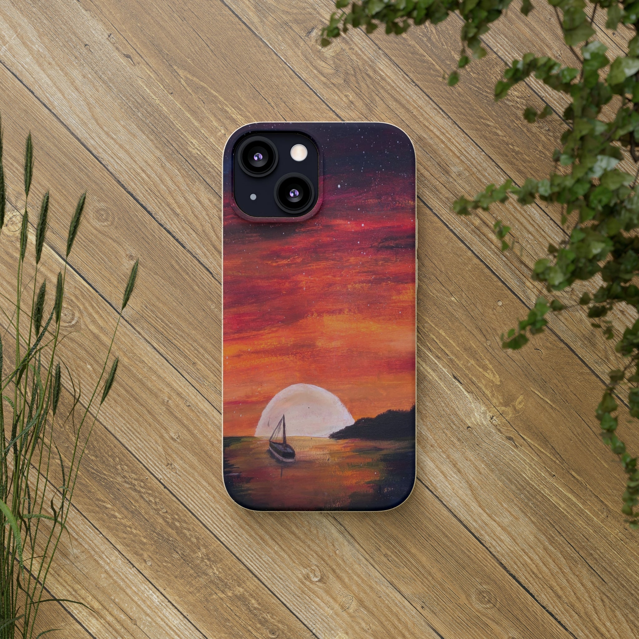 Biodegradable Phone Case Printed with "Setting Sun, Rising Moon" - art under moonlight