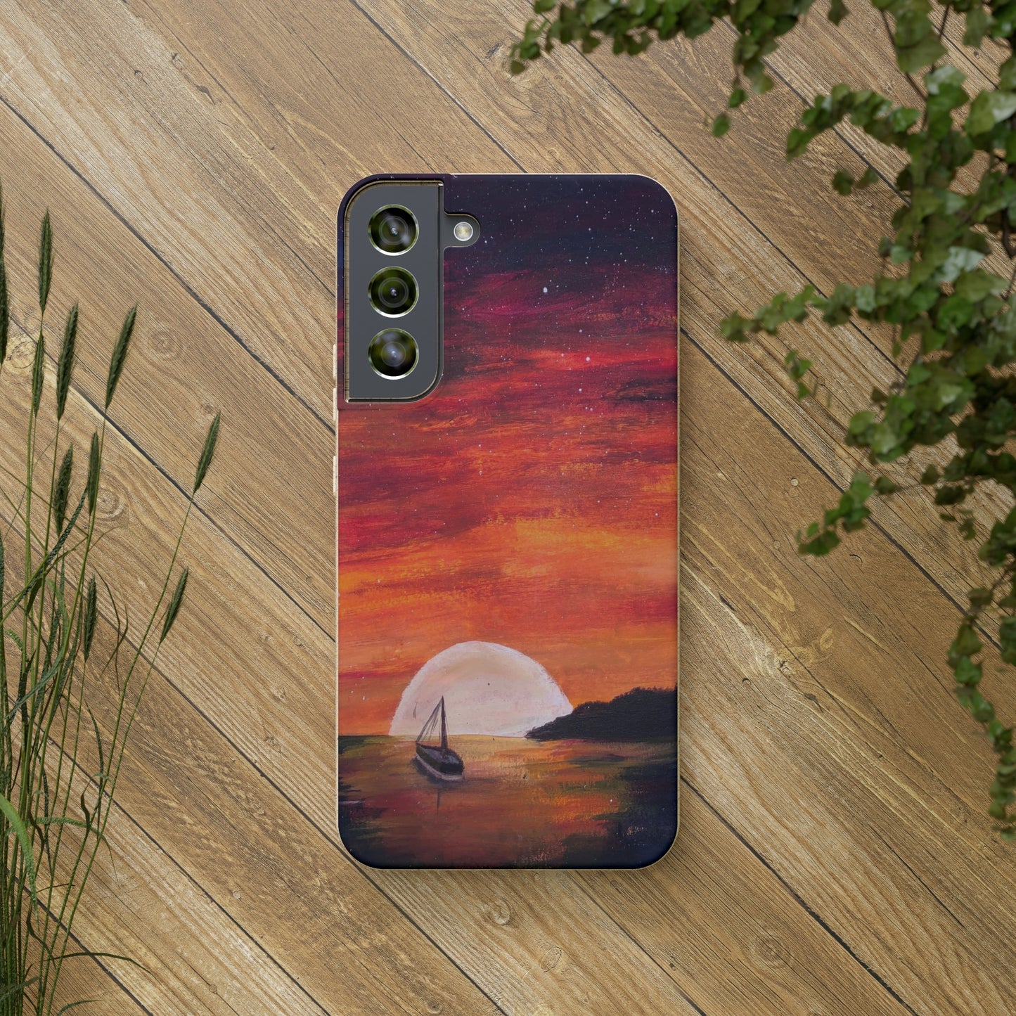 Biodegradable Phone Case Printed with "Setting Sun, Rising Moon" - art under moonlight