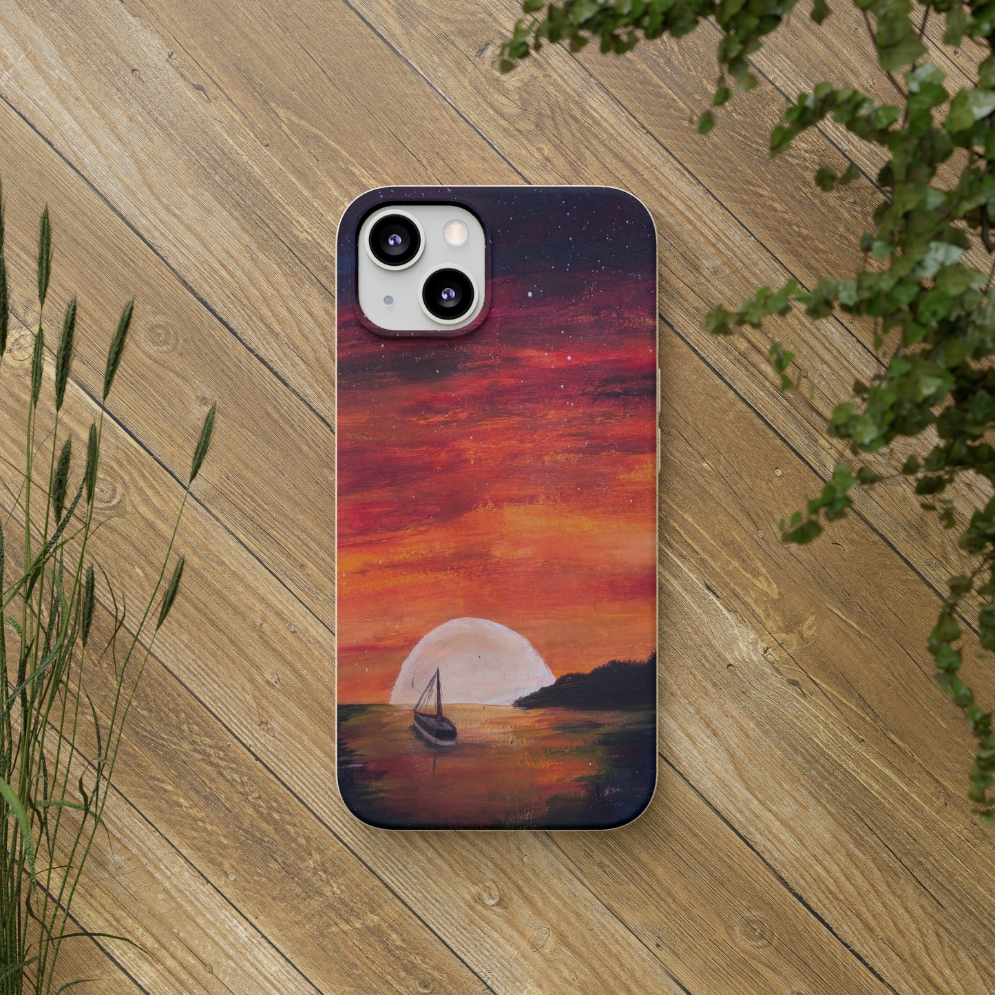 Biodegradable Phone Case Printed with "Setting Sun, Rising Moon" - art under moonlight
