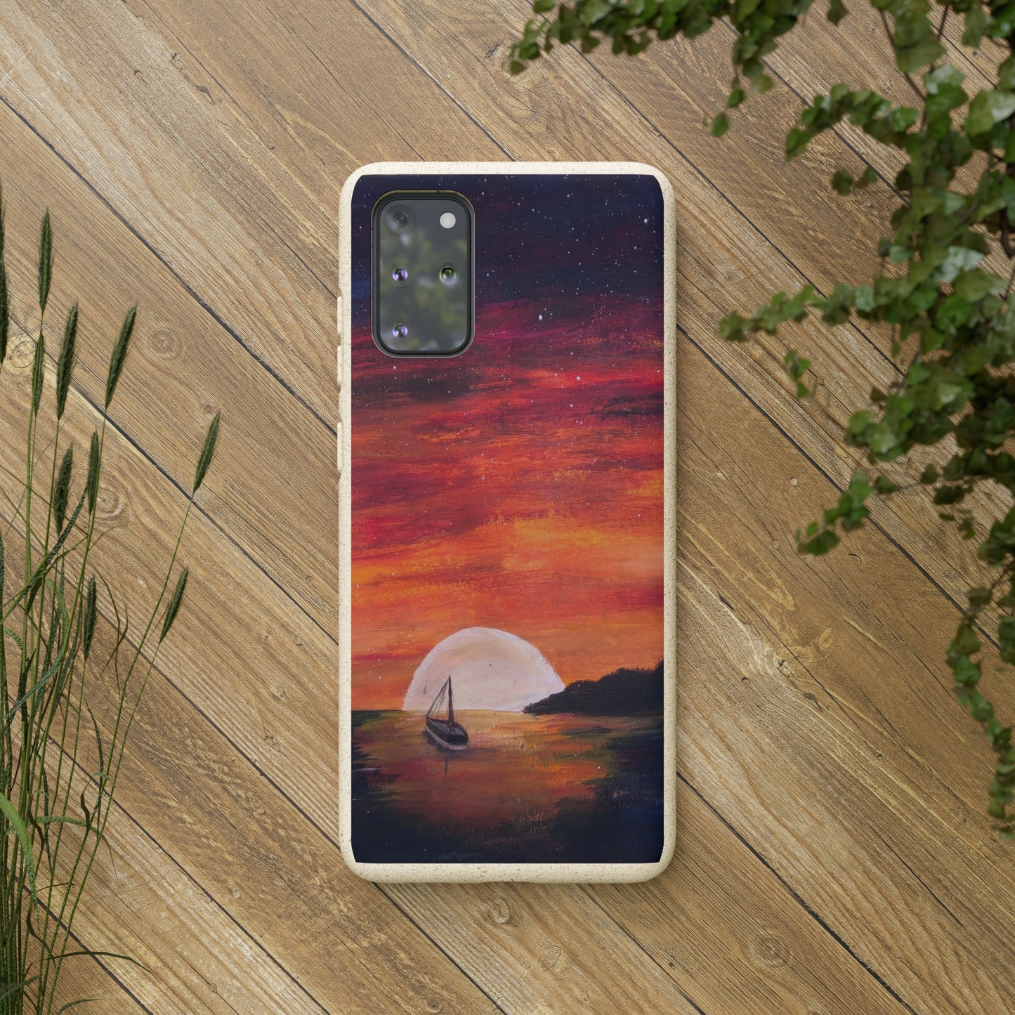 Biodegradable Phone Case Printed with "Setting Sun, Rising Moon" - art under moonlight