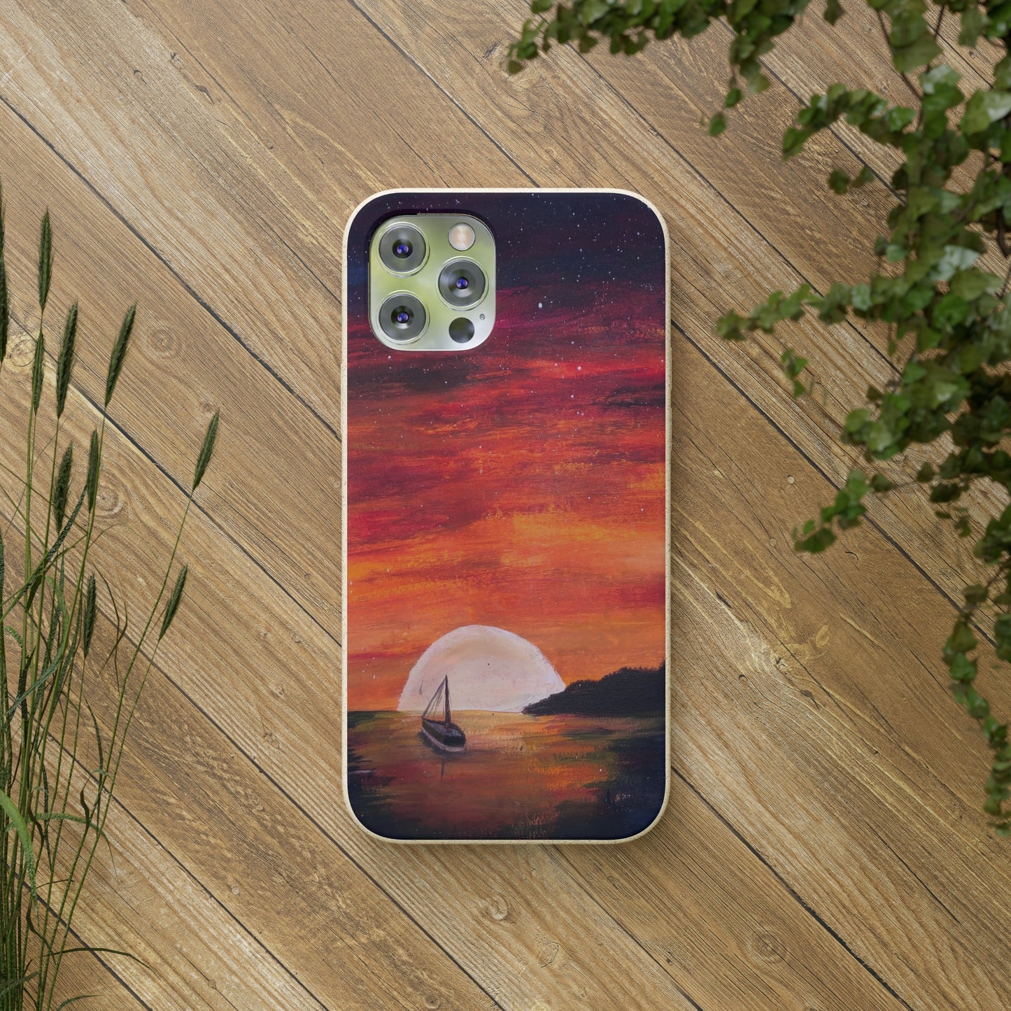 Biodegradable Phone Case Printed with "Setting Sun, Rising Moon" - art under moonlight