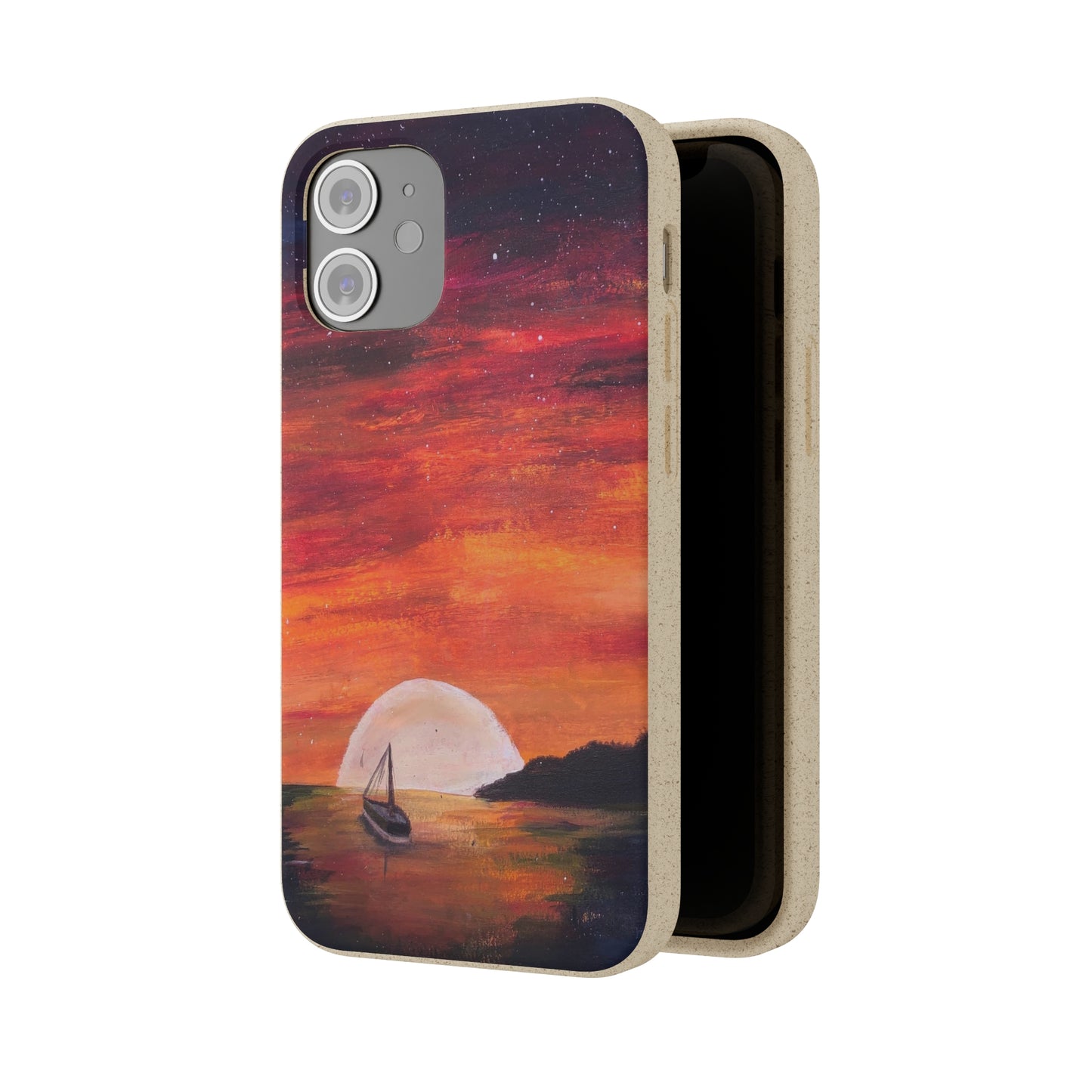 Biodegradable Phone Case Printed with "Setting Sun, Rising Moon" - art under moonlight