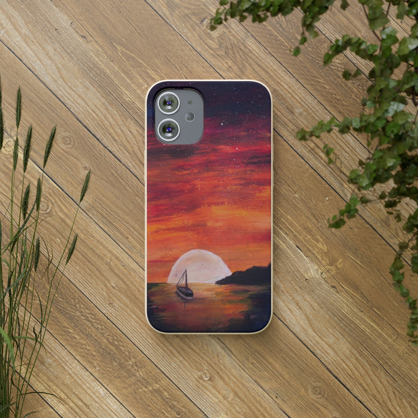 Biodegradable Phone Case Printed with "Setting Sun, Rising Moon" - art under moonlight