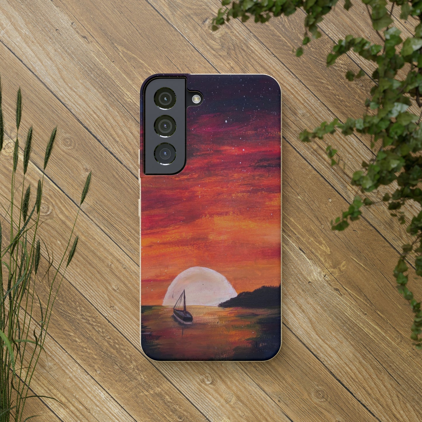 Biodegradable Phone Case Printed with "Setting Sun, Rising Moon" - art under moonlight