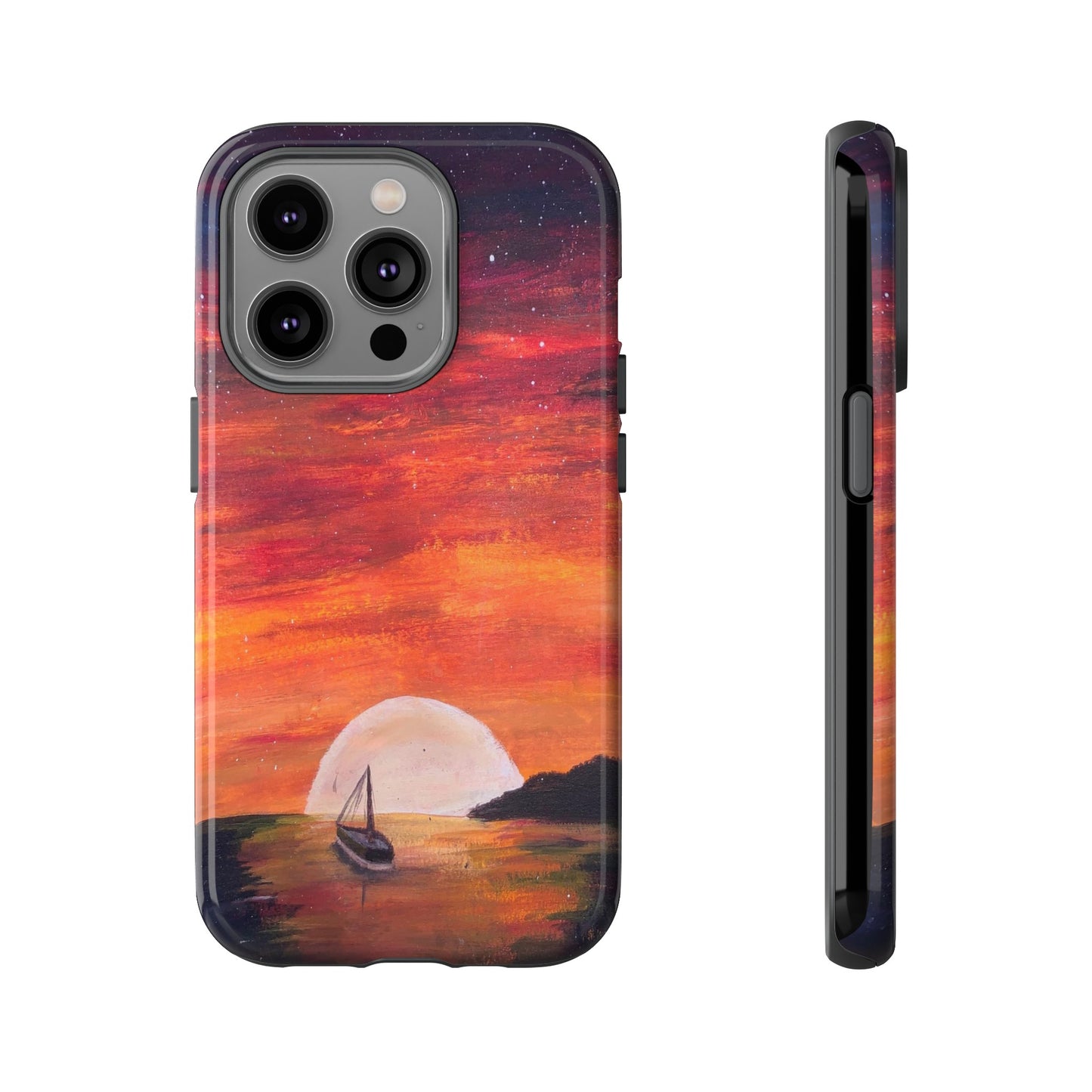 Tough case print of "Setting Sun, Rising Moon" - art under moonlight