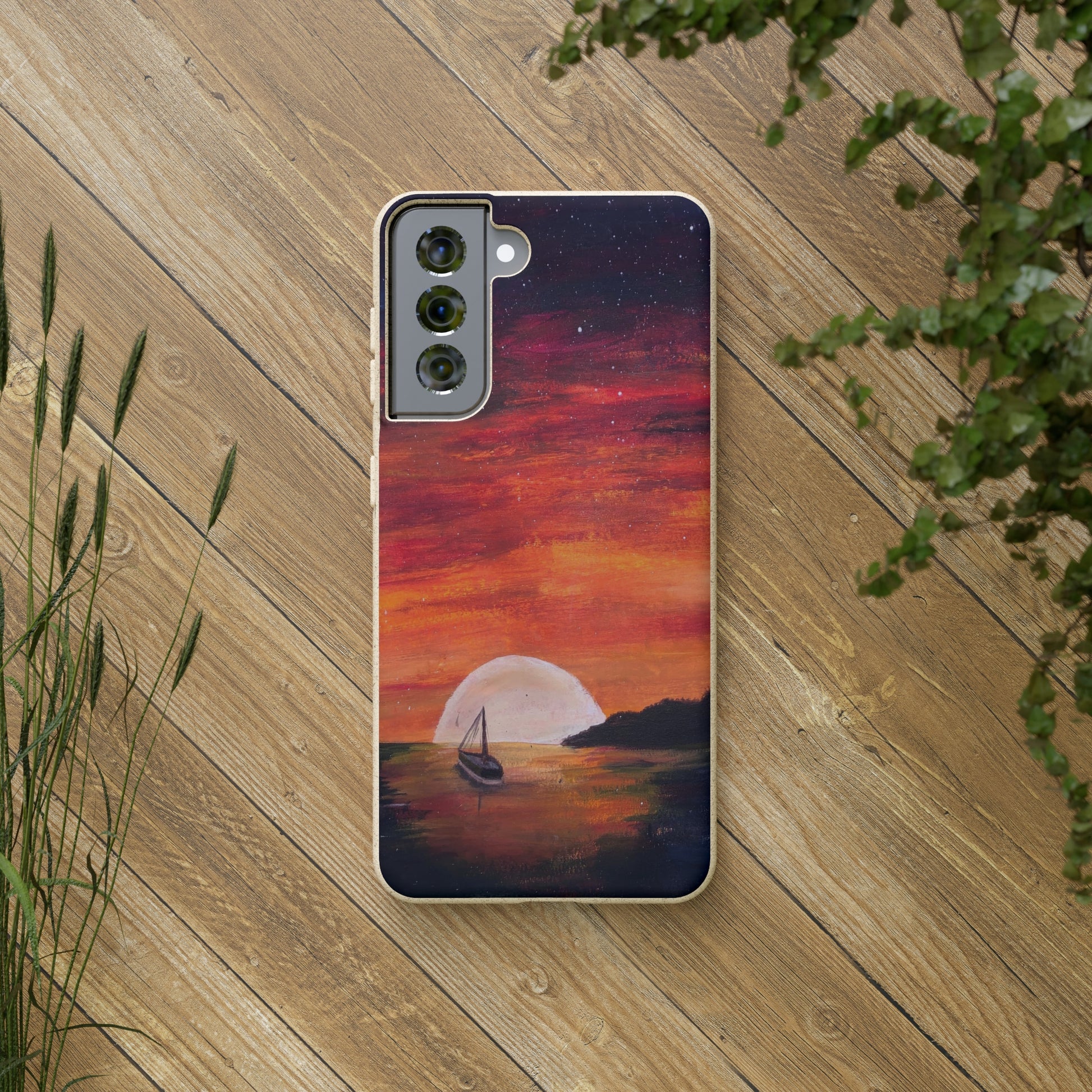 Biodegradable Phone Case Printed with "Setting Sun, Rising Moon" - art under moonlight