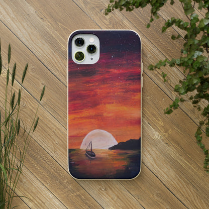 Biodegradable Phone Case Printed with "Setting Sun, Rising Moon" - art under moonlight