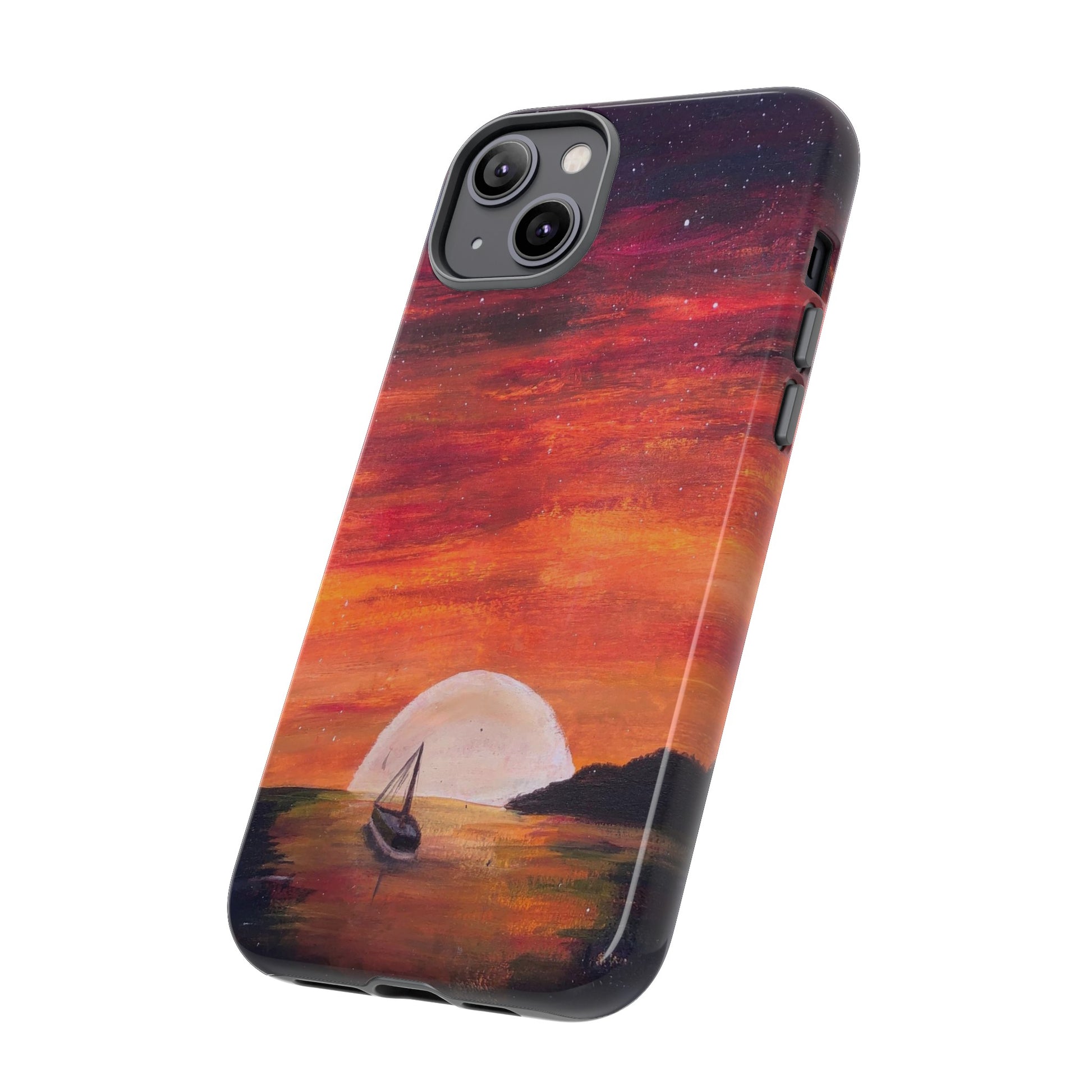 Tough case print of "Setting Sun, Rising Moon" - art under moonlight