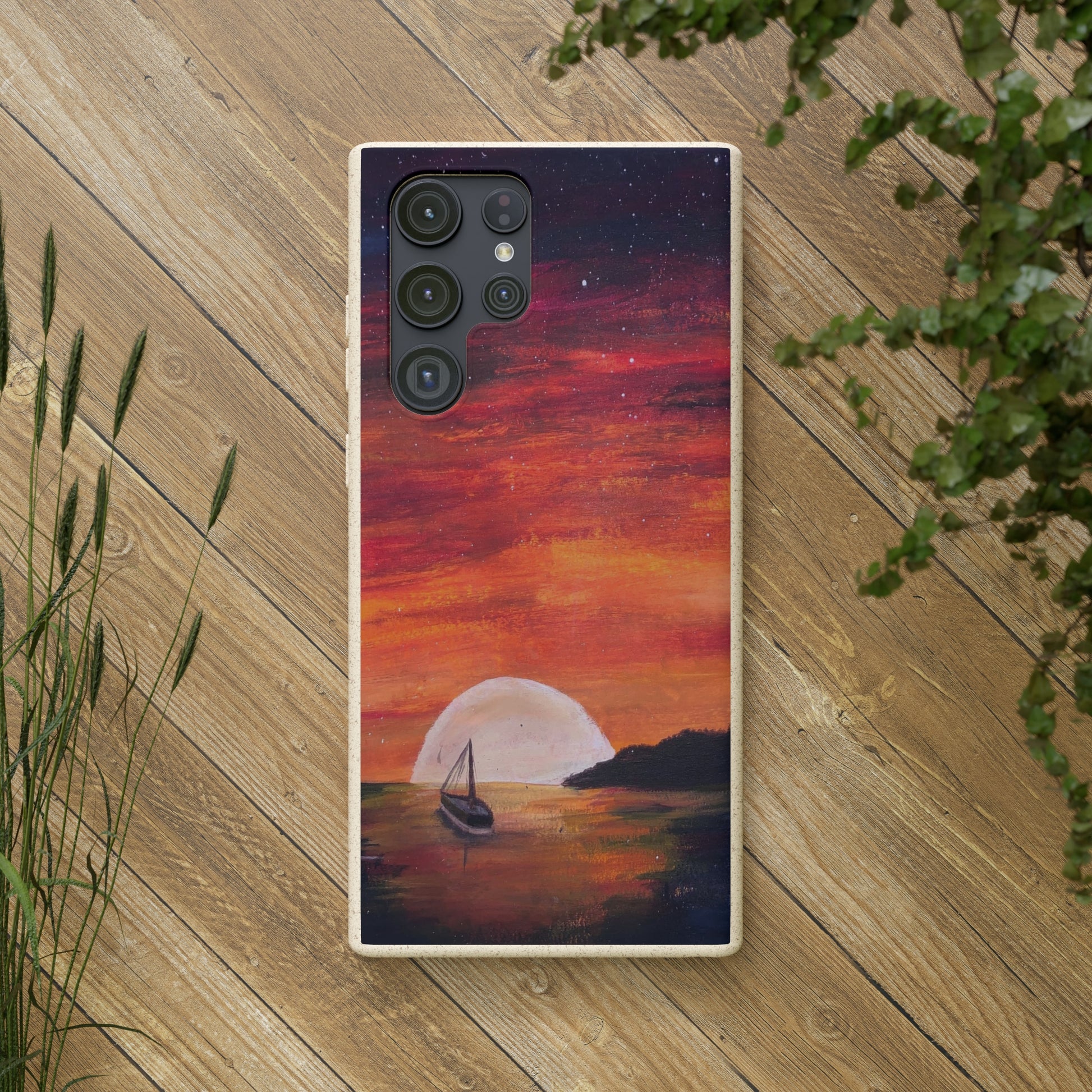 Biodegradable Phone Case Printed with "Setting Sun, Rising Moon" - art under moonlight