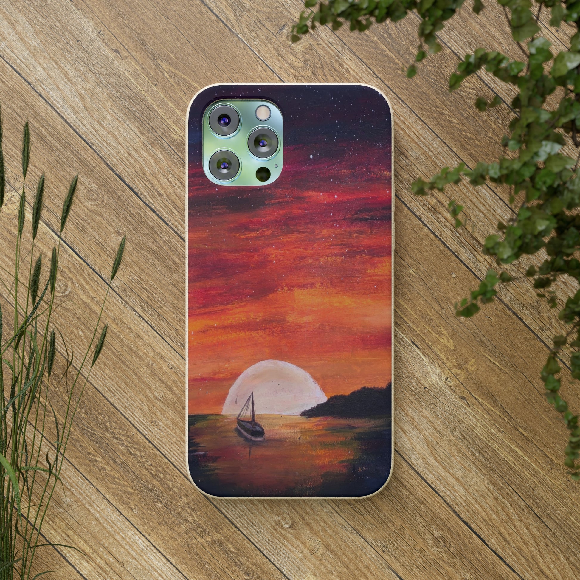 Biodegradable Phone Case Printed with "Setting Sun, Rising Moon" - art under moonlight