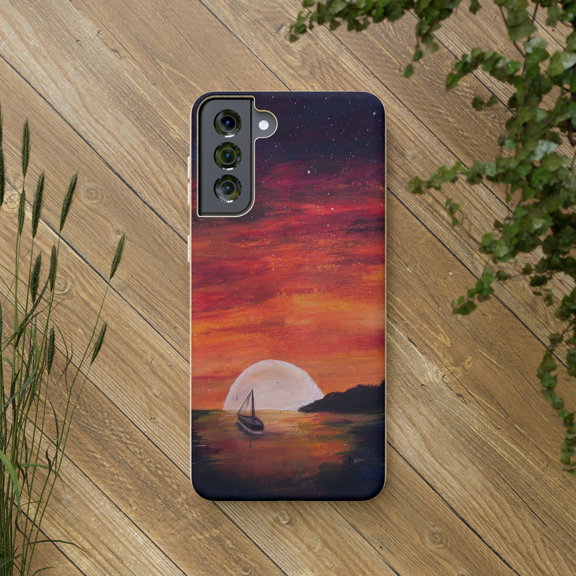 Biodegradable Phone Case Printed with "Setting Sun, Rising Moon" - art under moonlight