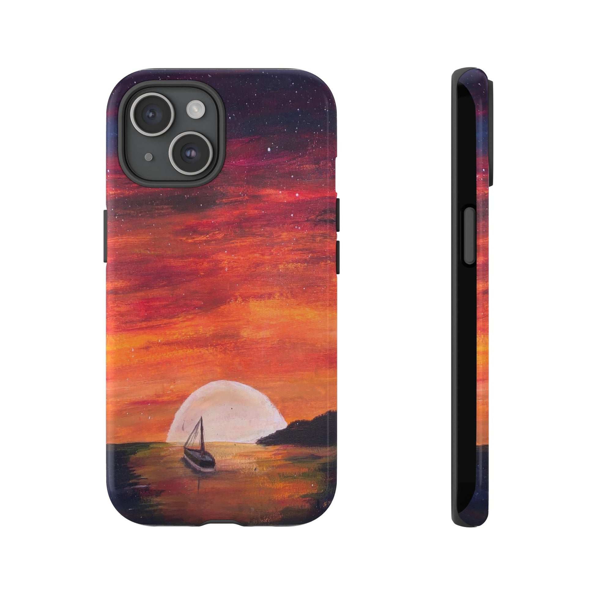Tough case print of "Setting Sun, Rising Moon" - art under moonlight