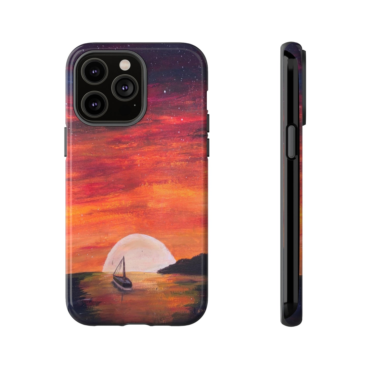Tough case print of "Setting Sun, Rising Moon" - art under moonlight