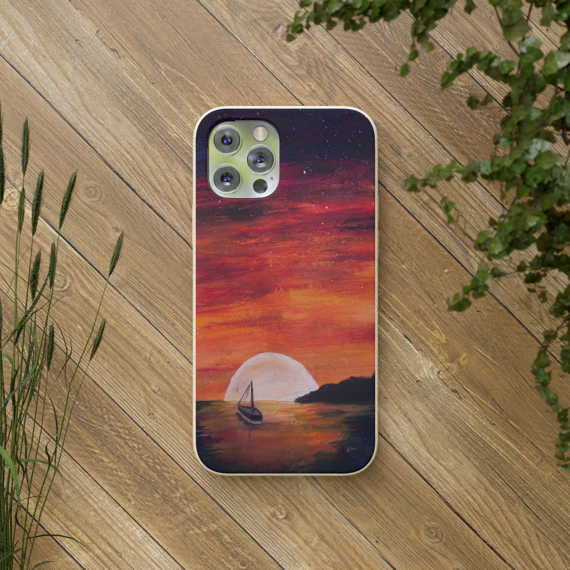 Biodegradable Phone Case Printed with "Setting Sun, Rising Moon" - art under moonlight