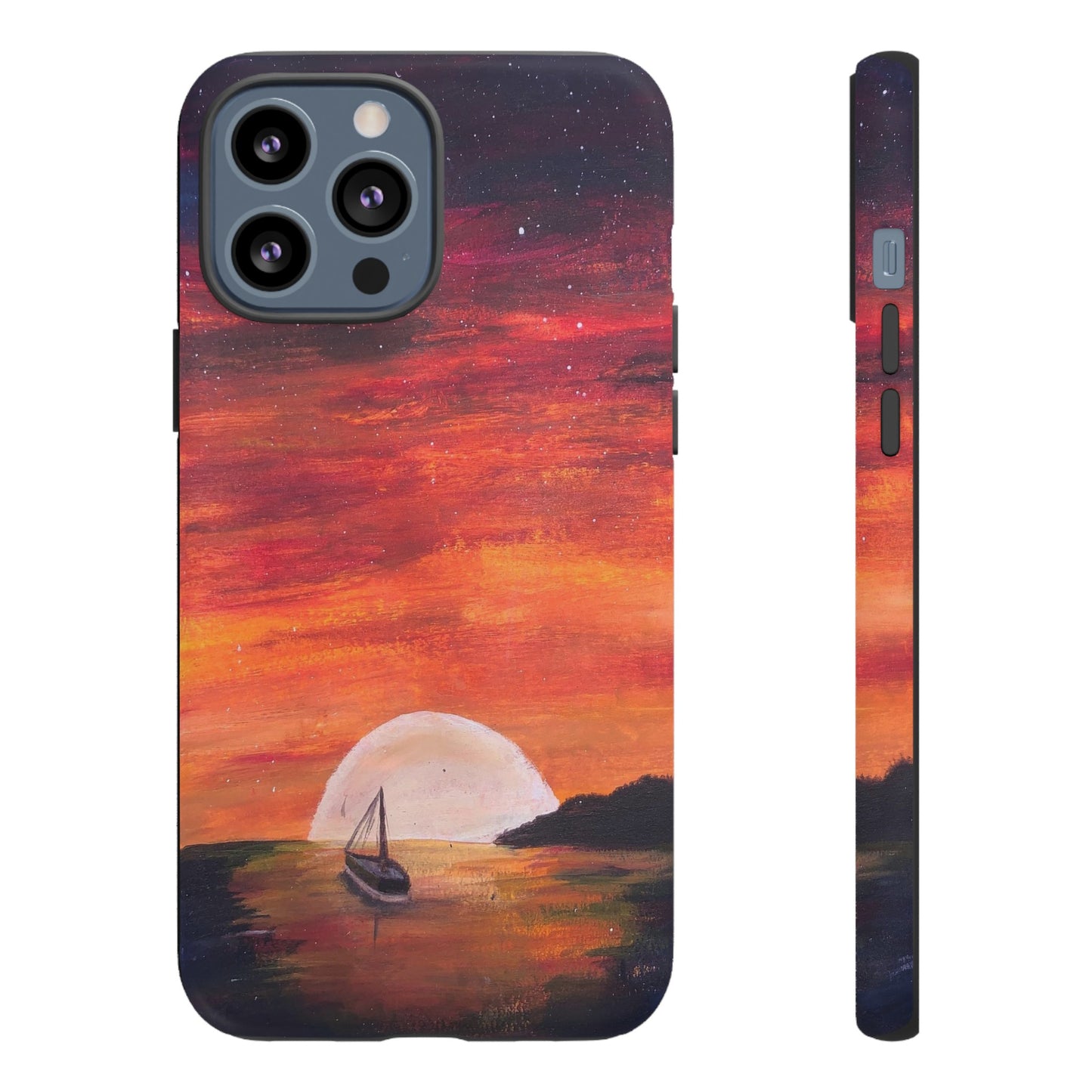 Tough case print of "Setting Sun, Rising Moon" - art under moonlight