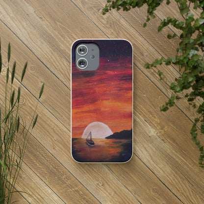Biodegradable Phone Case Printed with "Setting Sun, Rising Moon" - art under moonlight